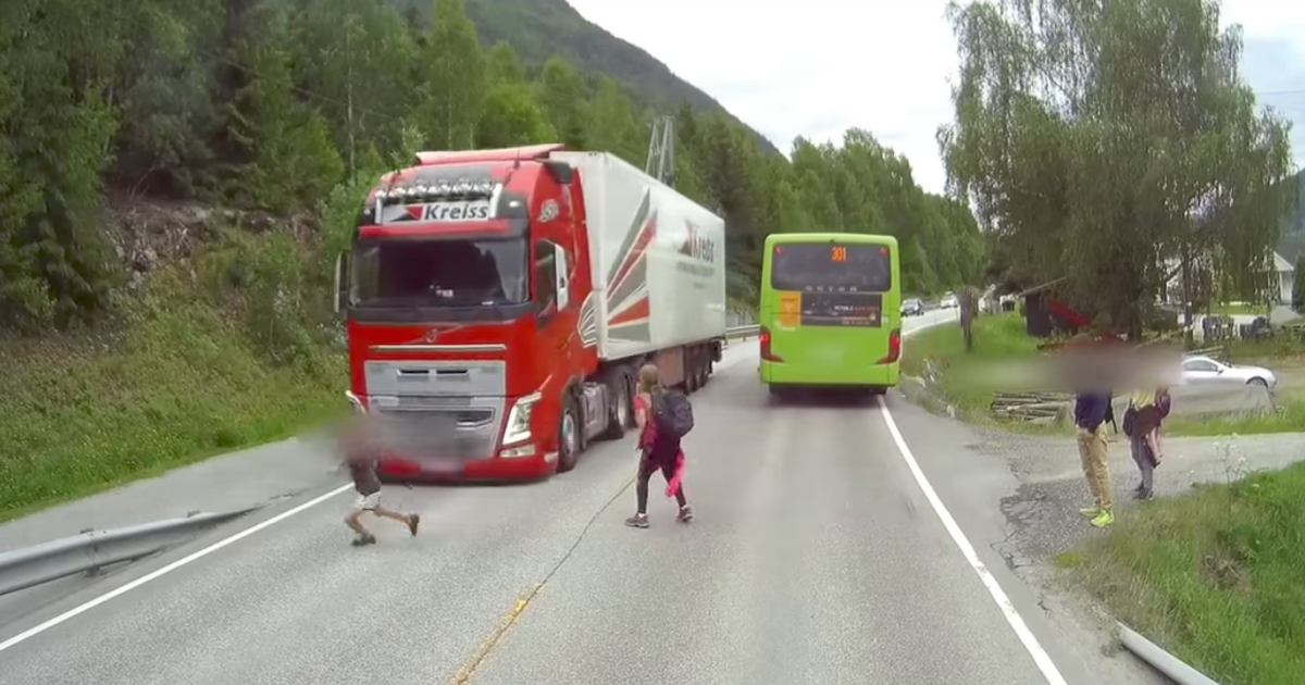Dashcam footage of semi-truck narrowly missing kids is heart-stopping